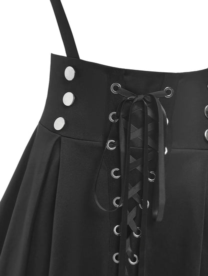 qgtao Plus Size Fashion Buttons Suspender Skirts Women Black Pleated Lace Up Basic Corset Flare Skirt Knee-Length Casual Skirt
