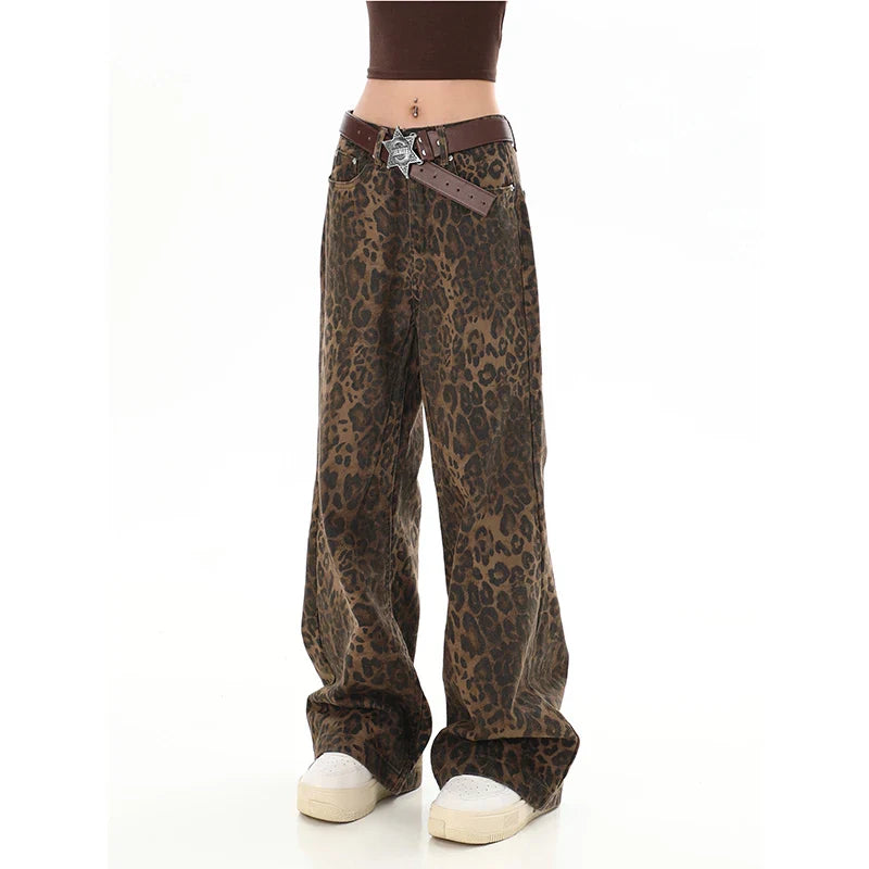 qgtao  -  American Retro High Street Casual Overalls Leopard Print Loose Wide Leg Pants For Women Y2k Hip-hop Cargo Grunge Baggy Trousers