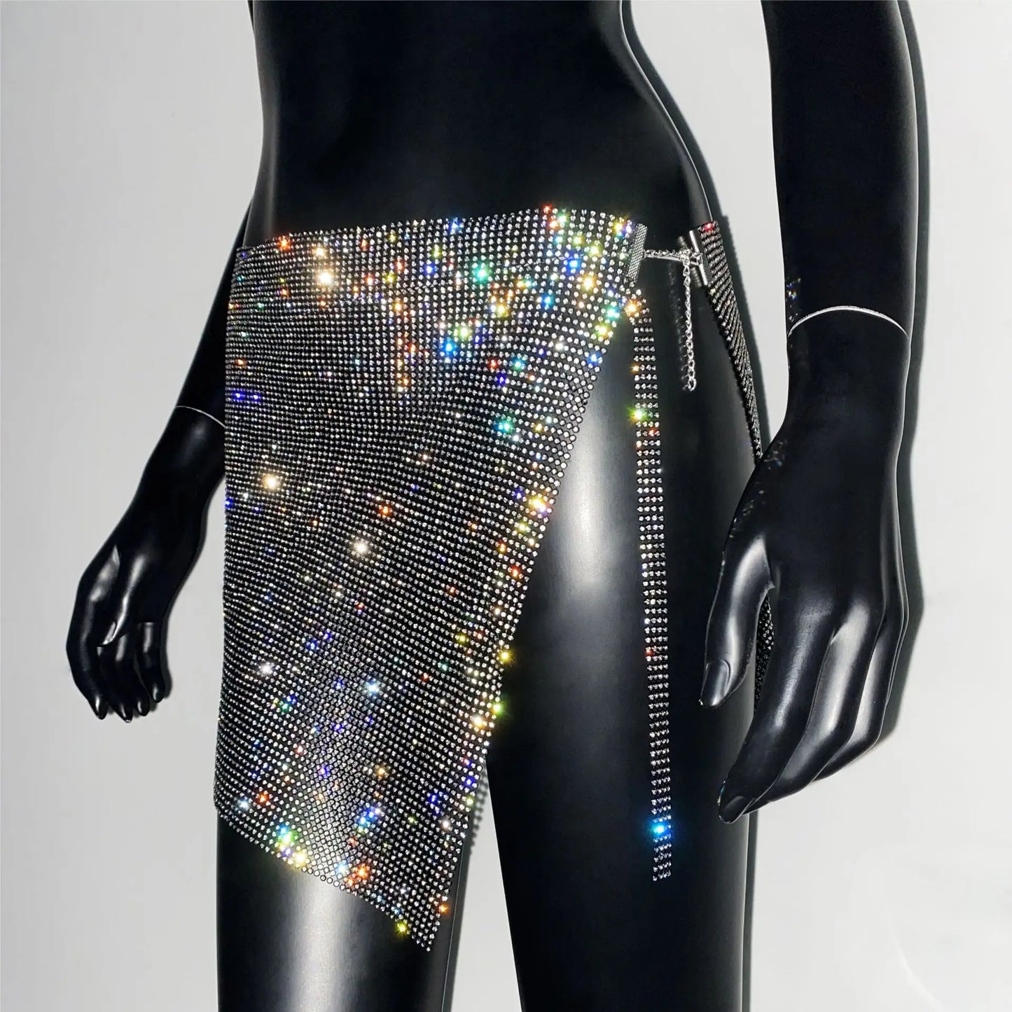 qgtao Glitter Rhinestone Metal Chain Mini Skirt for Women Sexy Side Slit See Through Party Skirt Rave Festival Outfits