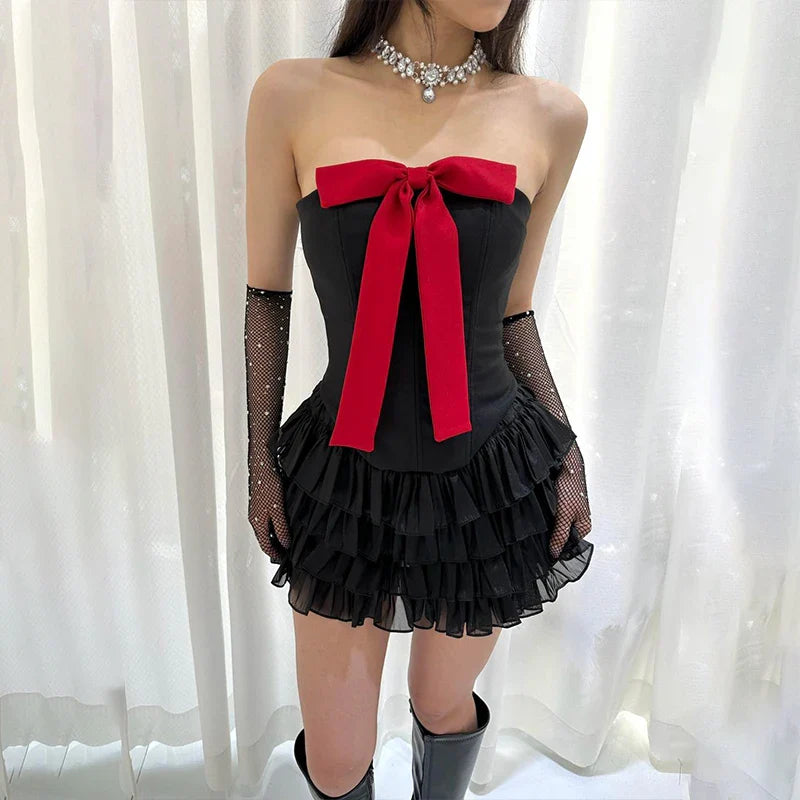 qgtao  -   Y2K Bow Applique Mesh Pleated Mini Dress Aesthetic Retro Strapless Bandage Backless Dresses Sexy Birthday Party Dress