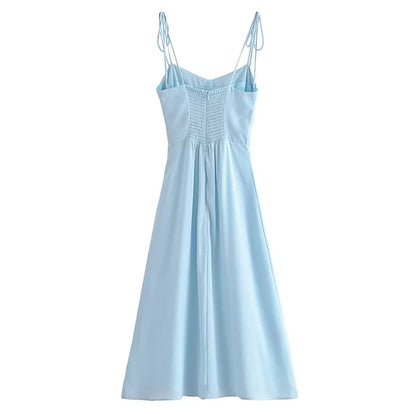 qgtao   Women French Style Light Blue Front Slit Sling Dresses Sexy Sleeveless High Waist Female Holiday Summer Chiffon Dress
