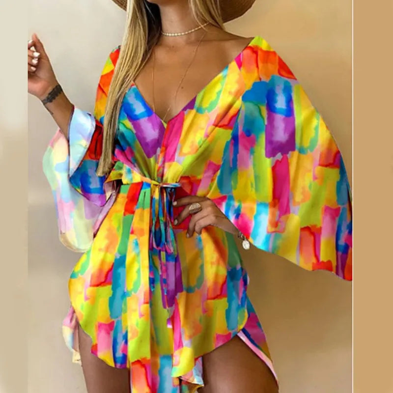 qgtao Sexy Women Autumn Mini Dress Floral Print V Neck 3/4 Bat Sleeve Lace Up Irregular Hem Casual Loose Beach Cover Up Dress