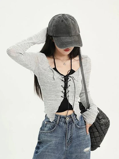 qgtao Sexy Lace Up Crop Tops Women Black Halter Slim Tees And Grey Long Sleeve Top Two Pieces Sets Female Korean Y2k Tshirt Summer