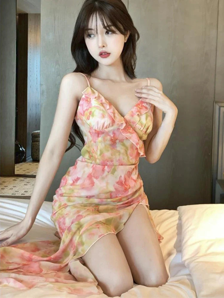 qgtao Summer Print Floral Vintage Dress Women Chiffon Korean Fashion Party Mini Dress Female Casual Backless Sweet Designer Dress 2024