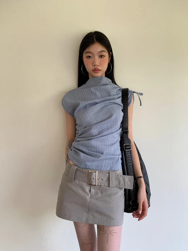 qgtao  -  Blue Sleeveless Tank Tops Women Striped Irregular T-shirts for girl Drawstring Lace Up High Neck Tees Hip Hop Streetwear