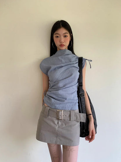 qgtao  -  Blue Sleeveless Tank Tops Women Striped Irregular T-shirts for girl Drawstring Lace Up High Neck Tees Hip Hop Streetwear