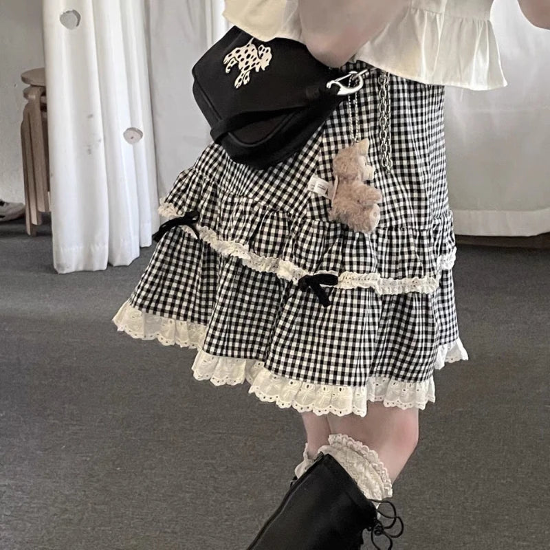 qgtao Kawaii Plaid Women Short Skirt Lolita Ruffle Japanese Style Lace Bow Mini Skirts Cutecore Sweet Pleated Preppy Skirt