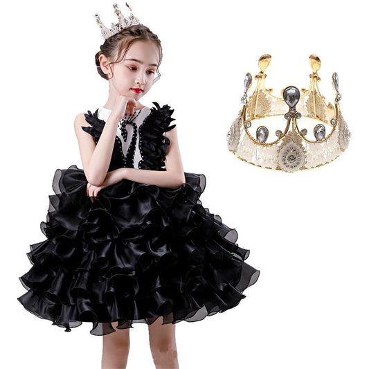 Princess Dress Red Black Swan Evening Dress+Crown Gril Dress Beaded Swan Dance Costume Short TuTu Dress Kids Tulle Summer Dress