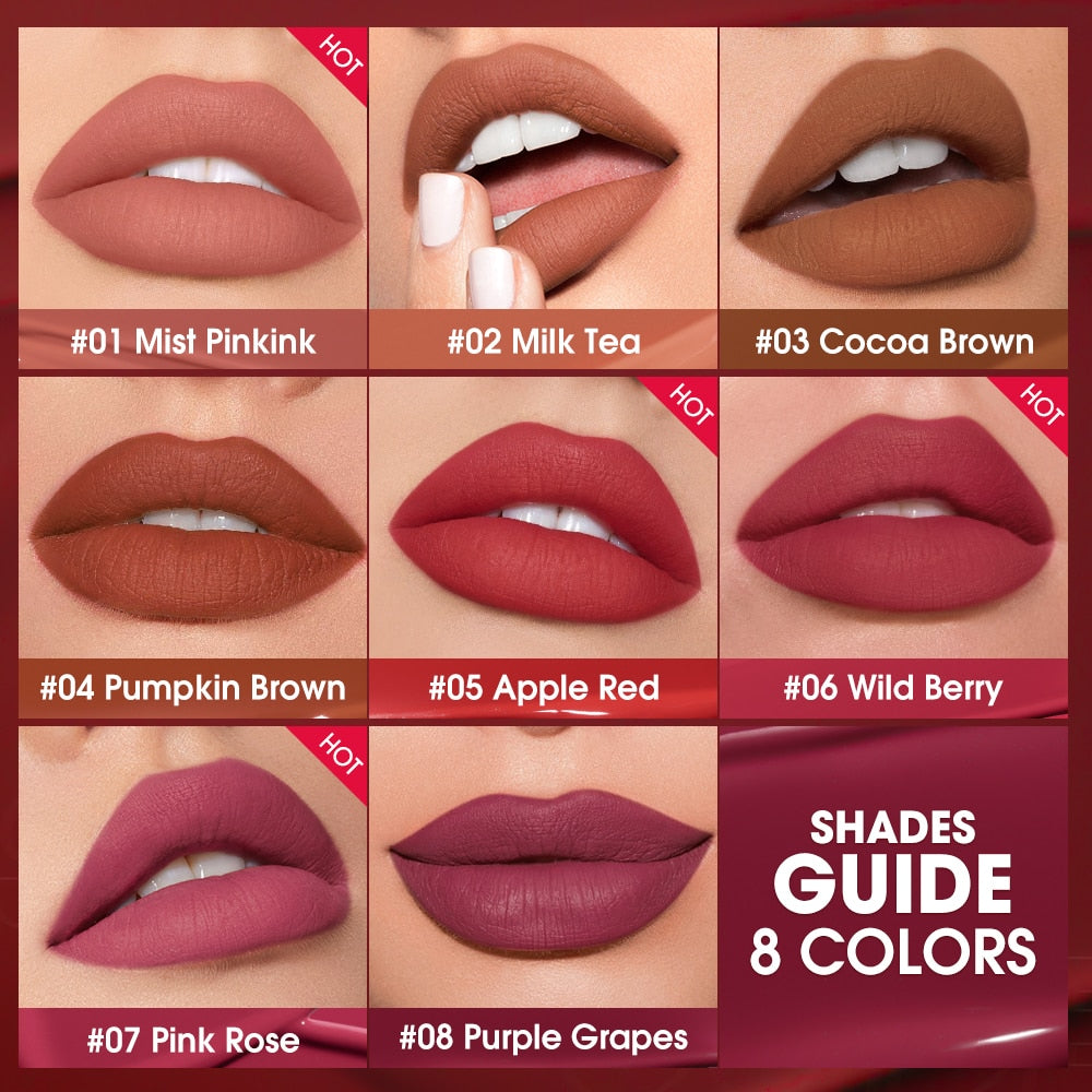 Lipstick Lip Gloss Makeup 24 HRS Waterproof Velvet Non-stick Cup 8 Colors Lip Tint Matte Long Lasting Liquid Lip Stick