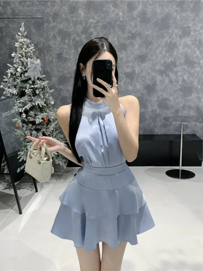 qgtao Two Piece Set Women Y2k Crop Tank Tops Loose Solid Fashion Camis Sleeveless Blouse High Waist Skirts Elegant Suits Ladies Korean
