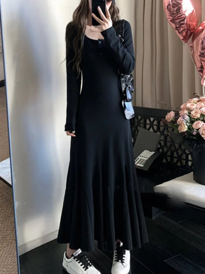qgtao Black Long Dress Women Vintage Fishtail Dresses Female Party Fashion Long Sleeve Dress Ladies Elegant Casual Ruffle Robe
