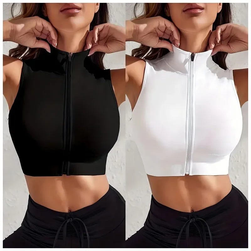 qgtao Women's 2-piece Set Close-fitting Breathable Sexy Yoga Zipper Exercise Fitness Vest Top