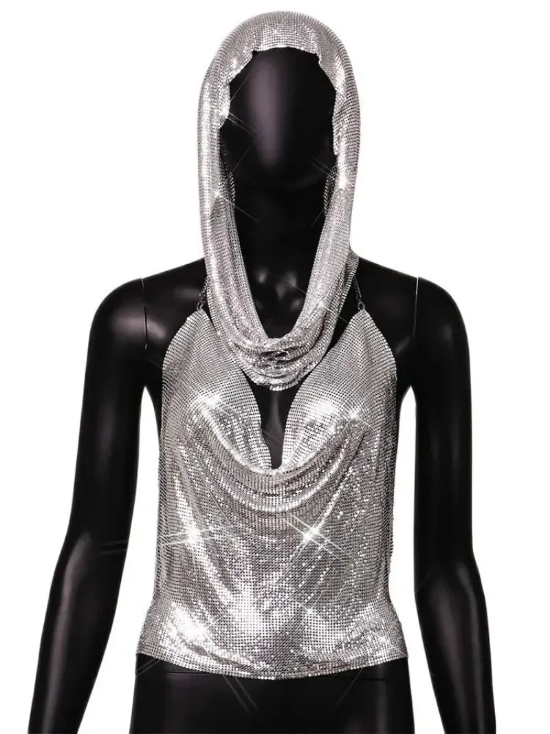 qgtao Fashion Metal Sequined Y2k Women Crop Top Tank Tops with Headscarf Metallic Sequins Sexy Backless Hollow Out Halter Corset top