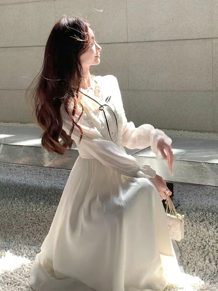 qgtao White Elegant Long Sleeve Fairy Dress Women Ruffles Design Korean Slim Party Dress Female 2024 Autumn Fashion Casual Midi Dress