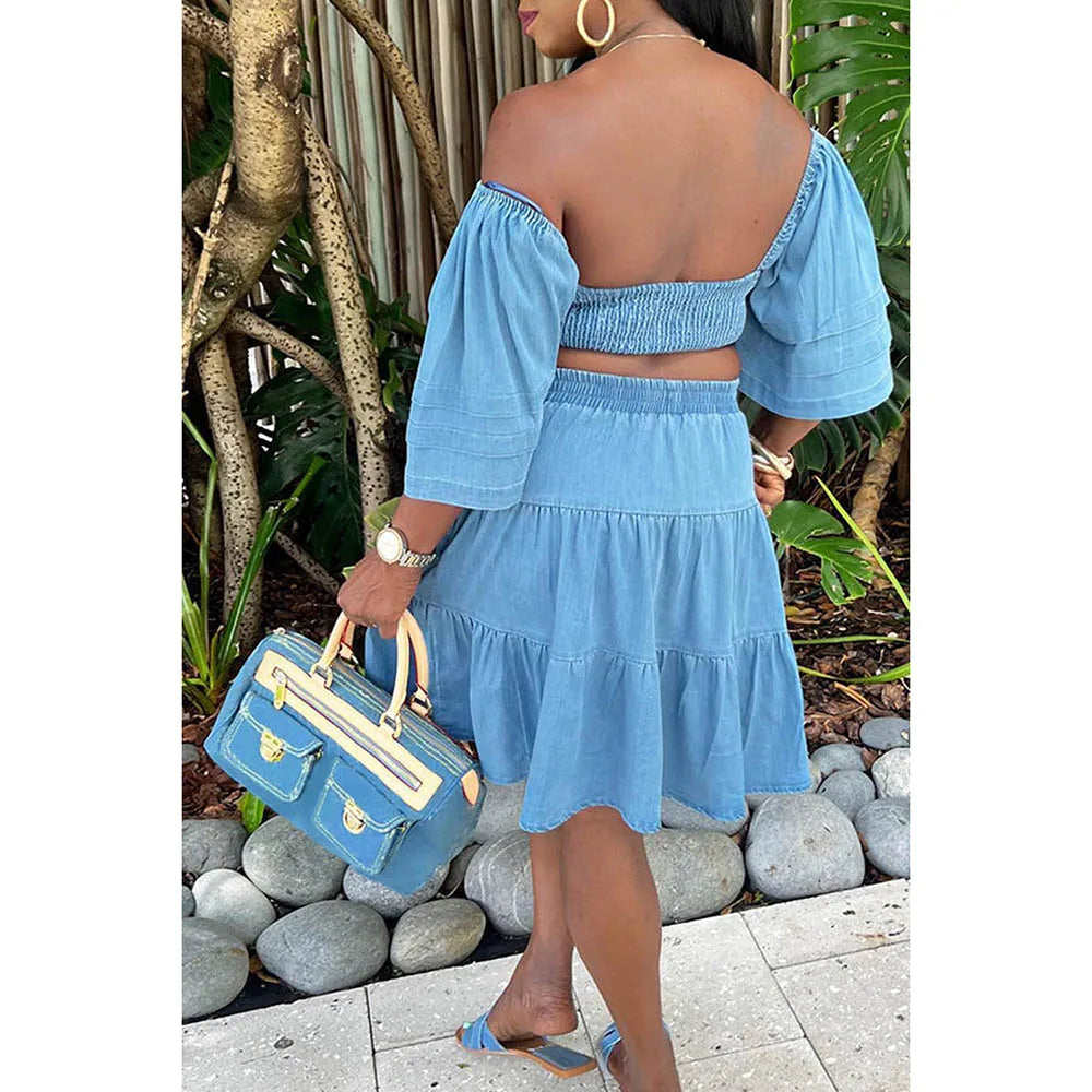 qgtao Plus Size Blue Daily Denim Off Shoulder Hollowed Out With Pocket Midi Dresses