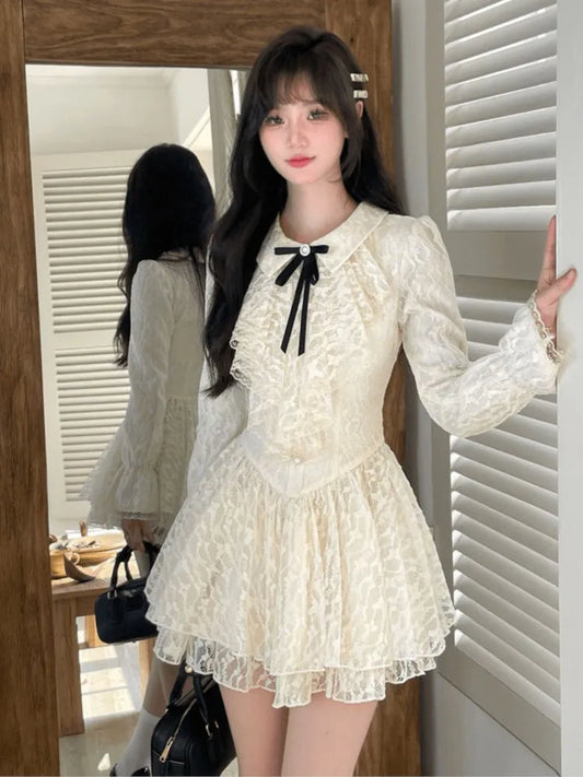 qgtao French Vintage Princess Lace Mini Dresses for Women Bow Flare Sleeves Ruffles A-line Birthday Party Kawaii Mini Vestidos New