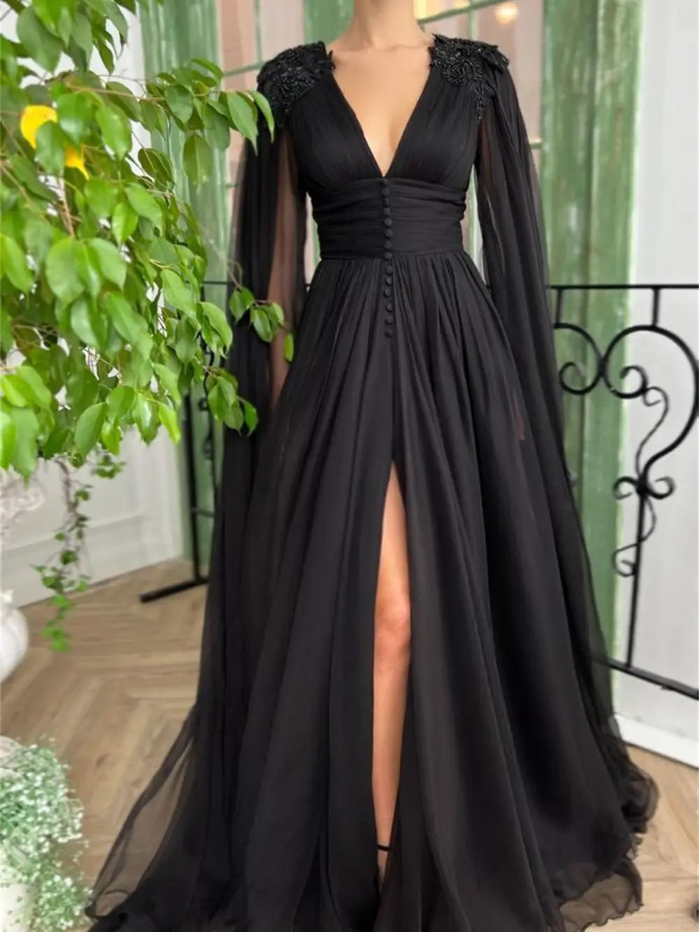 Black Cape Floor Length Prom Dress Sexy Side Split Evening Gown Princess Tulle A-line Prom Dresses