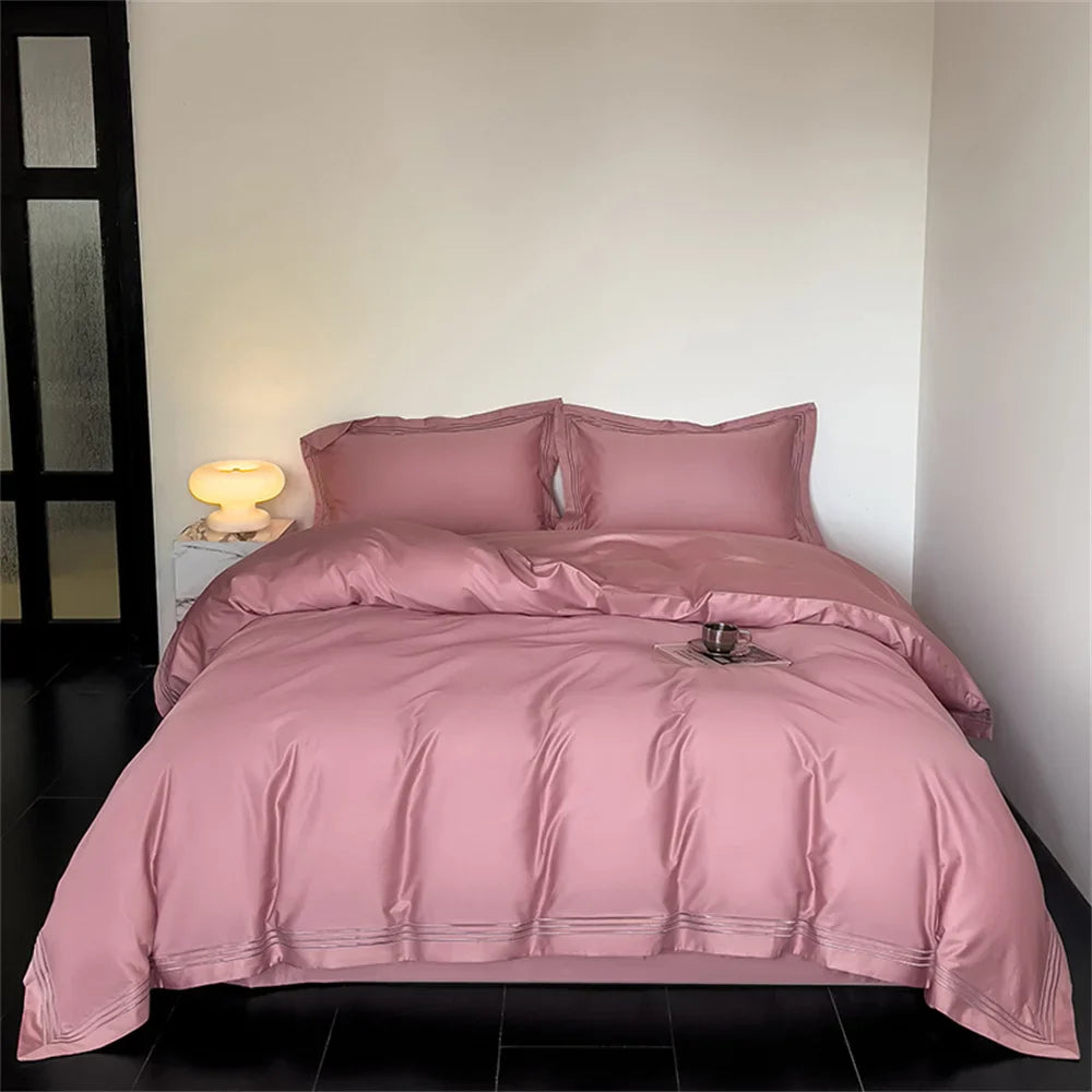 Yeknu 1200TC Embroidered Egyptian Cotton Bedding Set 4pcs King Queen Size Solid Sheet Duvet Cover Pillowcase Bed Linens