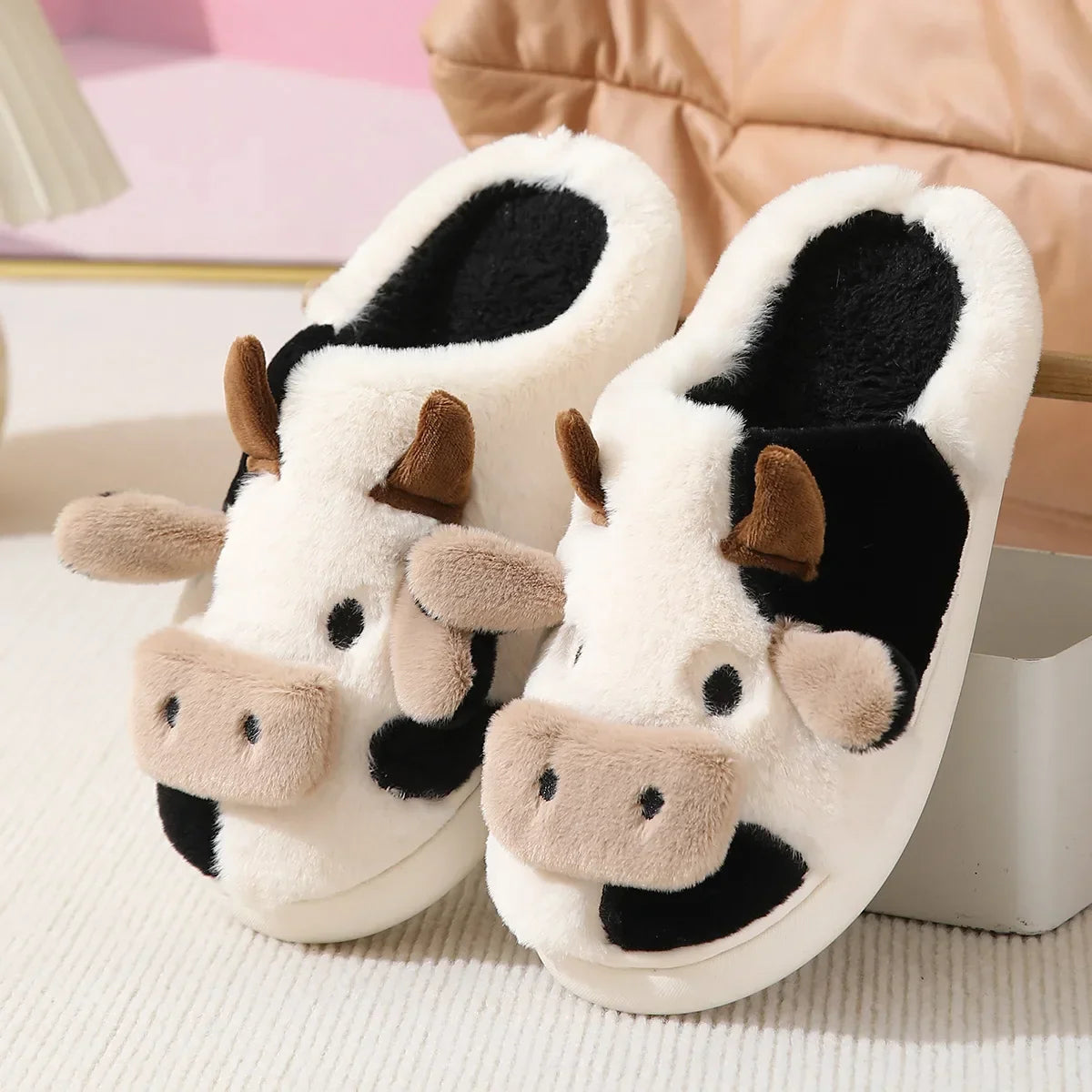 qgtao 2024 Winter Warm Milk Cow Women Slippers Men Cute Soft Plush Sandals Adults Lovely Non-slip Flip Flops Couples Home Flat Slides