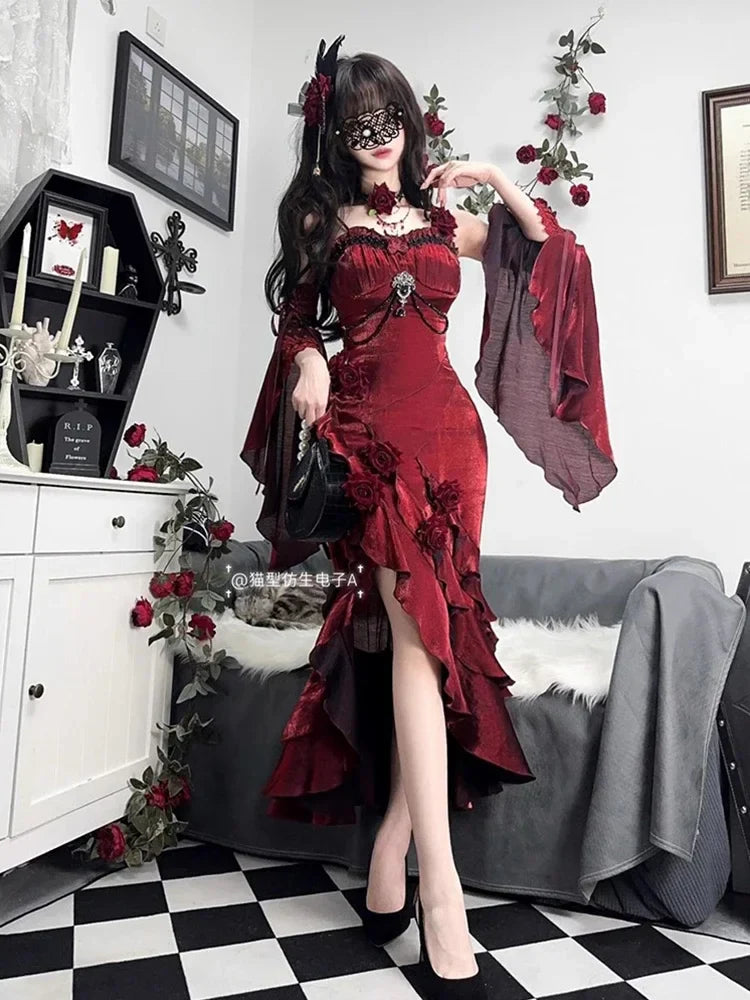 qgtao Red Rose Fishtail Dress Women New 2024 Autumn Lolita Sweet Sexy Girl Slim Goth Mid-length Suspender Dress with Hand Sleeves