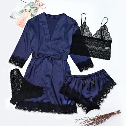 qgtao Woman Sleepwear 4pcs Floral Lace Trim Satin Pajamas Set with Robe Sexy Faux Silk Pijamas Robe Sets Casual Home Clothes Nightwear sleepwear