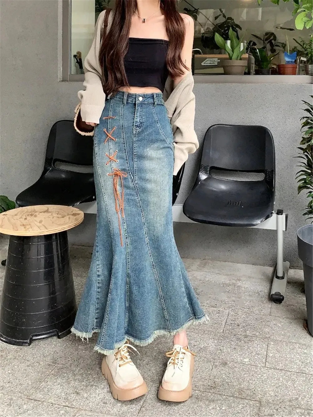 qgtao Y2k Aesthetic Vintage High Waist Denim Midi Skirt Slim Women Korean Streetwear Bandage Mermaid Skirts Elegant Blue Trumpet Skirt