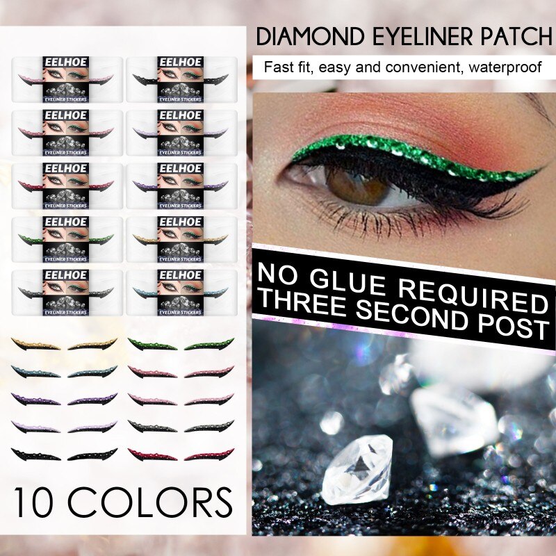 1 Pairs Diamond Eyeliner Stickers 10 color Reusable Self-adhesive Glitter  Eyeliner Double Eyelid Tape Cat Eye Makeup Cosmetic