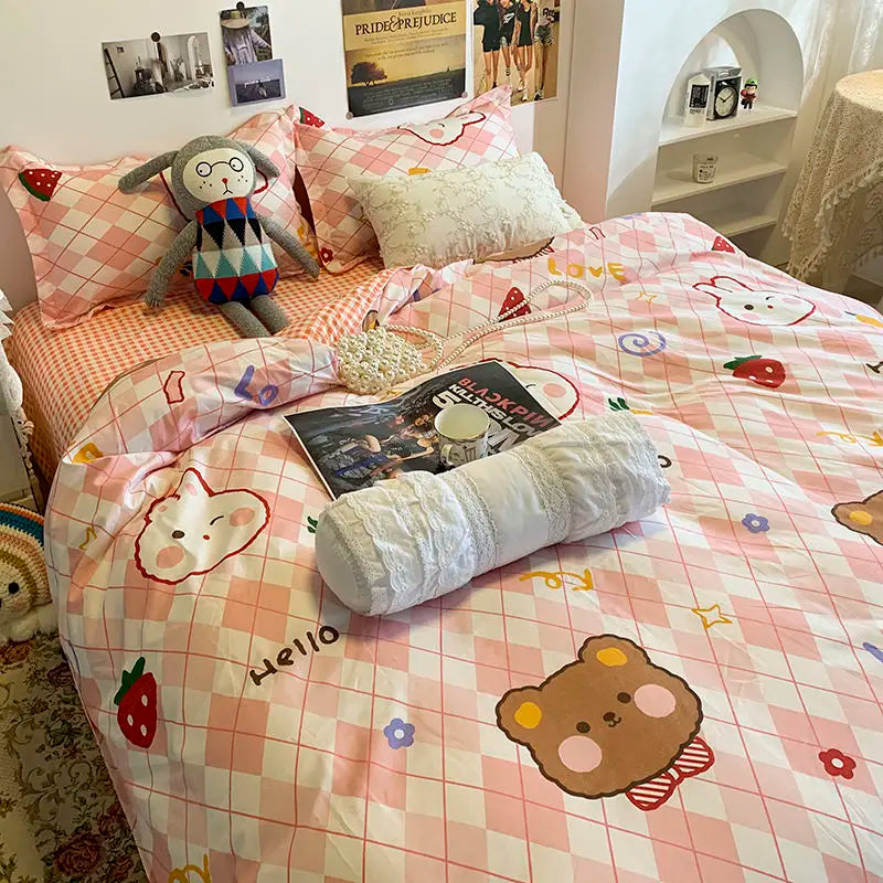 Yeknu Nordic Pink Checkerboard Duvet Cover Sets With Pillowcases Flat Sheet Kids Girls Boys Full Queen Twin Size Kawaii Bedding Kit