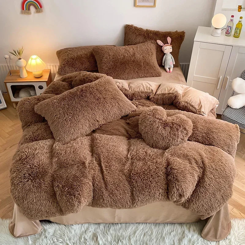 Yeknu Plush Bedding Set Soft Fluffy Faux Fur Duvet Cover Sheet Pillowcase Fuzzy warm Bedlinens