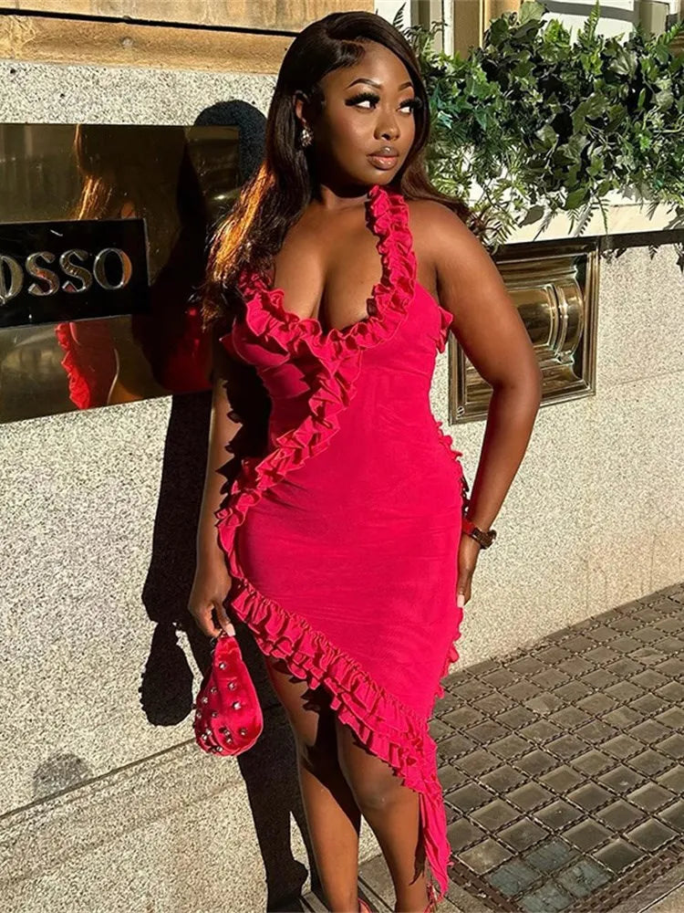 qgtao  Ruffles Tassel Women Dress Patchwork Sexy Low Chest Backless Irregular Hot Girls Evening Party Club Bodycon Vestidos