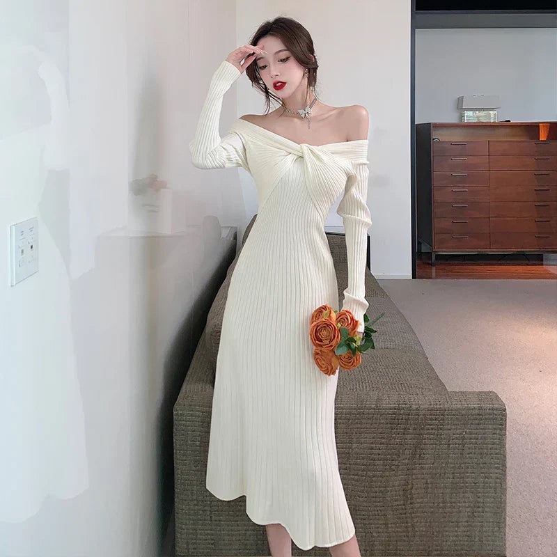 qgtao-Elegant Vintage Knitted Evening Dress for Women Autumn Winter Fashion Long Sleeve Slim Dresses Knit Sweater Lady Clothing 2023