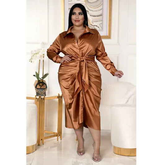 qgtao Elegant Satin Plus Size Women Shirt Dress Sexy Ruched Long Sleeve Lace Up Evening Party Midi Drerss Vestido Africano Feminino