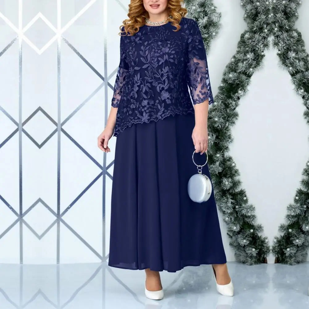 qgtao Plus Size Long Dress Elegant Plus Size Maxi Dress with Flower Embroidery Lace Detail Three Quarter Sleeve O Neck Fake Two-piece