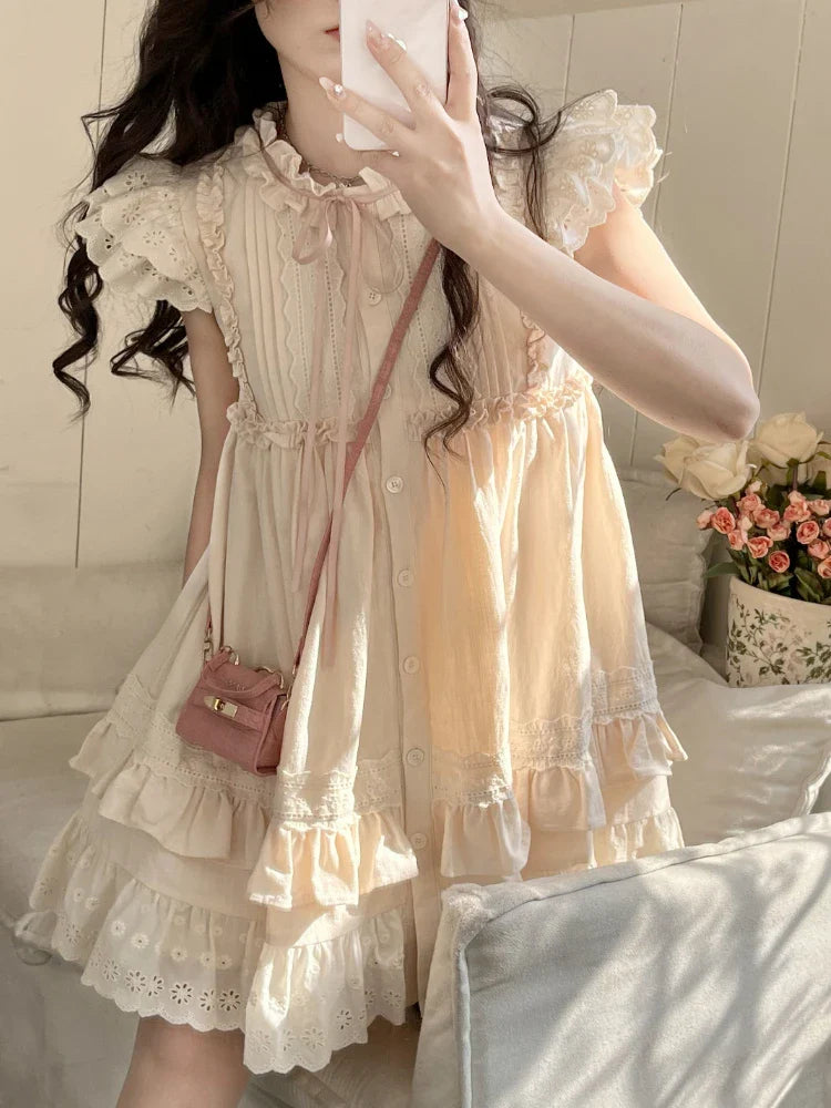 qgtao Summer Lolita Kawaii Mini Dress Women Flying Sleeve Japanese Sweet Cute Dress Female Korean Style Ruched Fairy Dress 2023 New