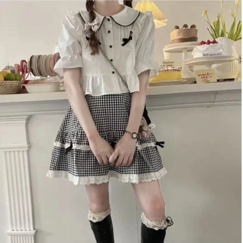 qgtao Kawaii Plaid Women Short Skirt Lolita Ruffle Japanese Style Lace Bow Mini Skirts Cutecore Sweet Pleated Preppy Skirt