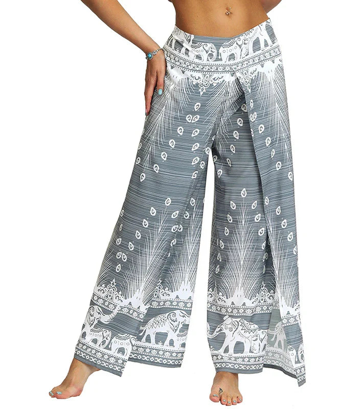 qgtao Women's High Waist Open Leg Wide Leg Pants Digital Printed Casual Plus Size Yoga Pants Women Thailand Bohemia Polyester 2024