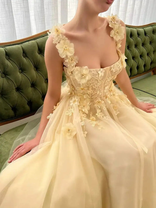 Yellow Floral Prom Dresses Lace Applique Tulle with Belt Spaghetti Strap Long Sweep Train Graduation Homecoming Evening Gowns