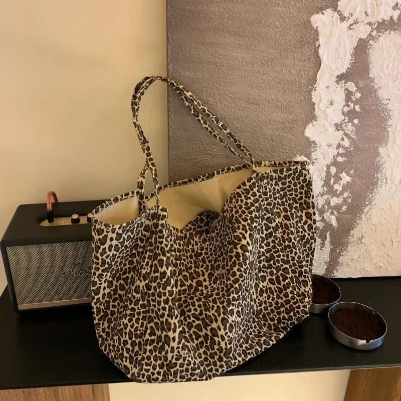 qgtao  Vintage Leopard Print Tote Bag Handbag Women Retro Large Capacity Casual Shoulder Bags Female Harajuku Canvas Y2k Bags