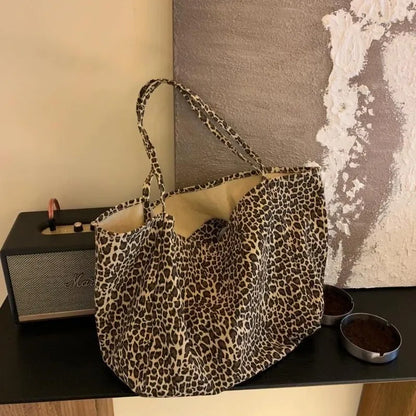 qgtao  Vintage Leopard Print Tote Bag Handbag Women Retro Large Capacity Casual Shoulder Bags Female Harajuku Canvas Y2k Bags