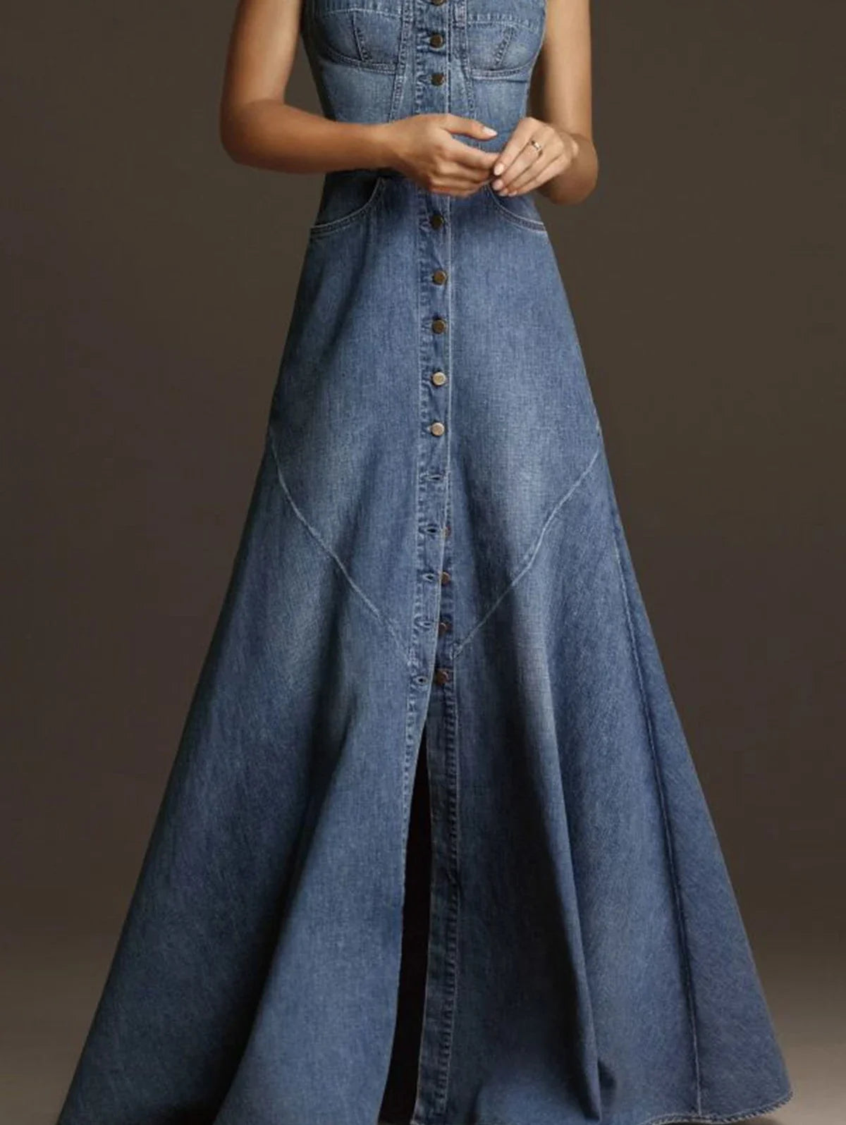 qgtao Fashion Women Denim Tank Dress Vintage Square Collar Waisted Sundress 2024 Summer Buttons Maxi Dress Holiday Solid Robes