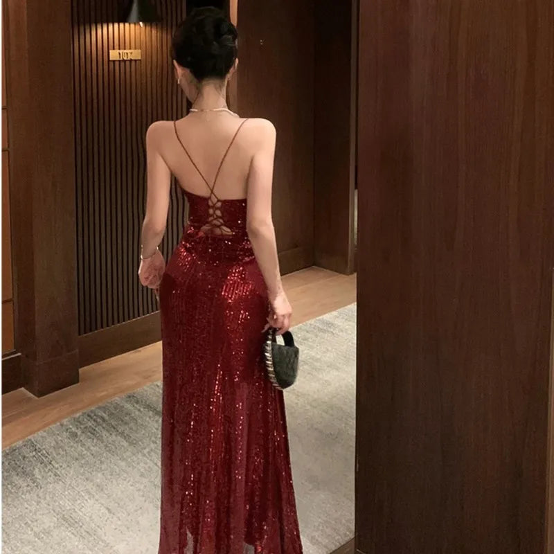 qgtao Sexy Backless Sequined Maxi Dresses for Women V-neck Lace-up High Split Evening Luxury Dress Fashion Birthday Party Prom Robe