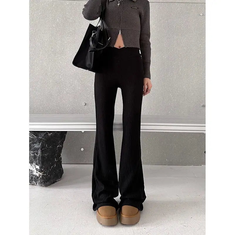 Deeptown Vintage Gray Flare Pants Women Harajuku Black High Waist Wide Leg Trousers Korean Slim Knit Full Pants Y2K Streetwear