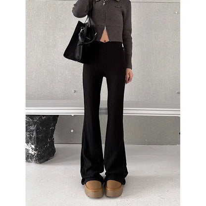 Deeptown Vintage Gray Flare Pants Women Harajuku Black High Waist Wide Leg Trousers Korean Slim Knit Full Pants Y2K Streetwear