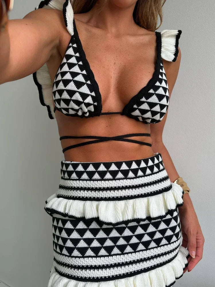 qgtao Fashion Striped Knitted Ruffle Beach Bikini Skirt Sets Women Sexy Vest Strap Slim Bohemian Outfits Holiday Vacation 2 Piece Sets