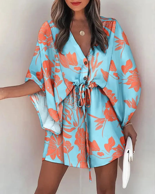 qgtao Women's Summer Flying Sleeves Sexy V-neck Lace Up Print Beach Dress 2023 Women's Spring Quarter Sleeve Loose Button Mini Dress