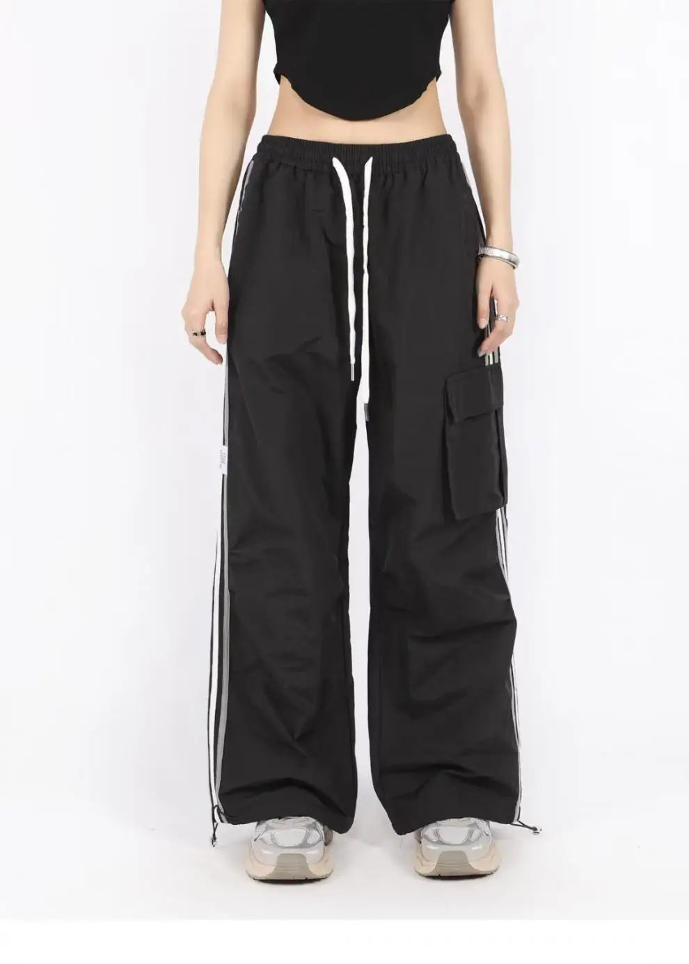 qgtao Y2K Cargo Pants Women Baggy Vintage High Waist Stripe Sweatpants Casual Loose Drawstring Parachute Jogger Wide Leg Pants