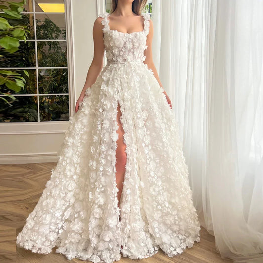 qgtao   Ivory Square Collar Luxury Evening Dresses 2023 3D Flowers A Line Elegant and Pretty Women Dresses High Split Prom Gown