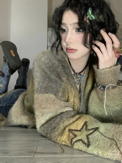 qgtao Vintage Star Knitted Cardigan Women Harajuku Autumn Winter Oversized Sweater Retro Embroidery Tops Fairycore Aesthetic