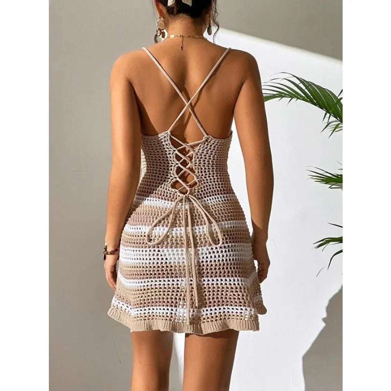 qgtao Sxey Knitted Mini Dress Summer Beach Cover Women Backless Hollow Out See Through Crochet Dresses Woman Bikini Cover-ups Female