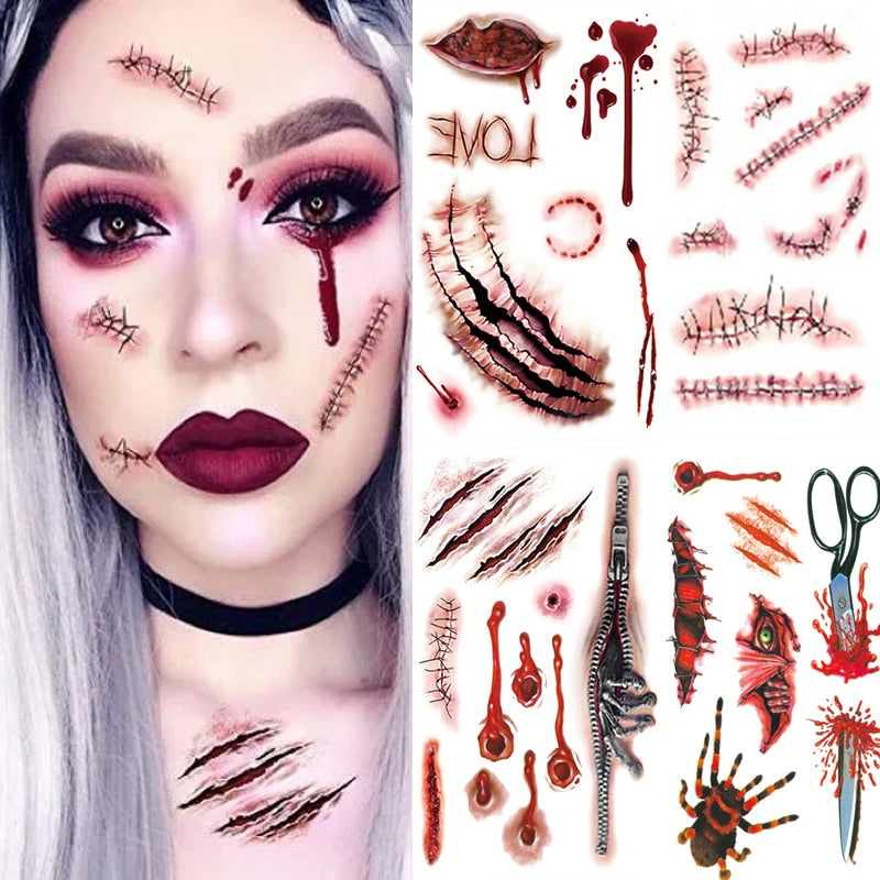 Body Makeup Halloween Tattoo Stickers DIY Party Terror Realistic Stitched Injuries Wounds Non-toxic Lasting Temporary Stickers